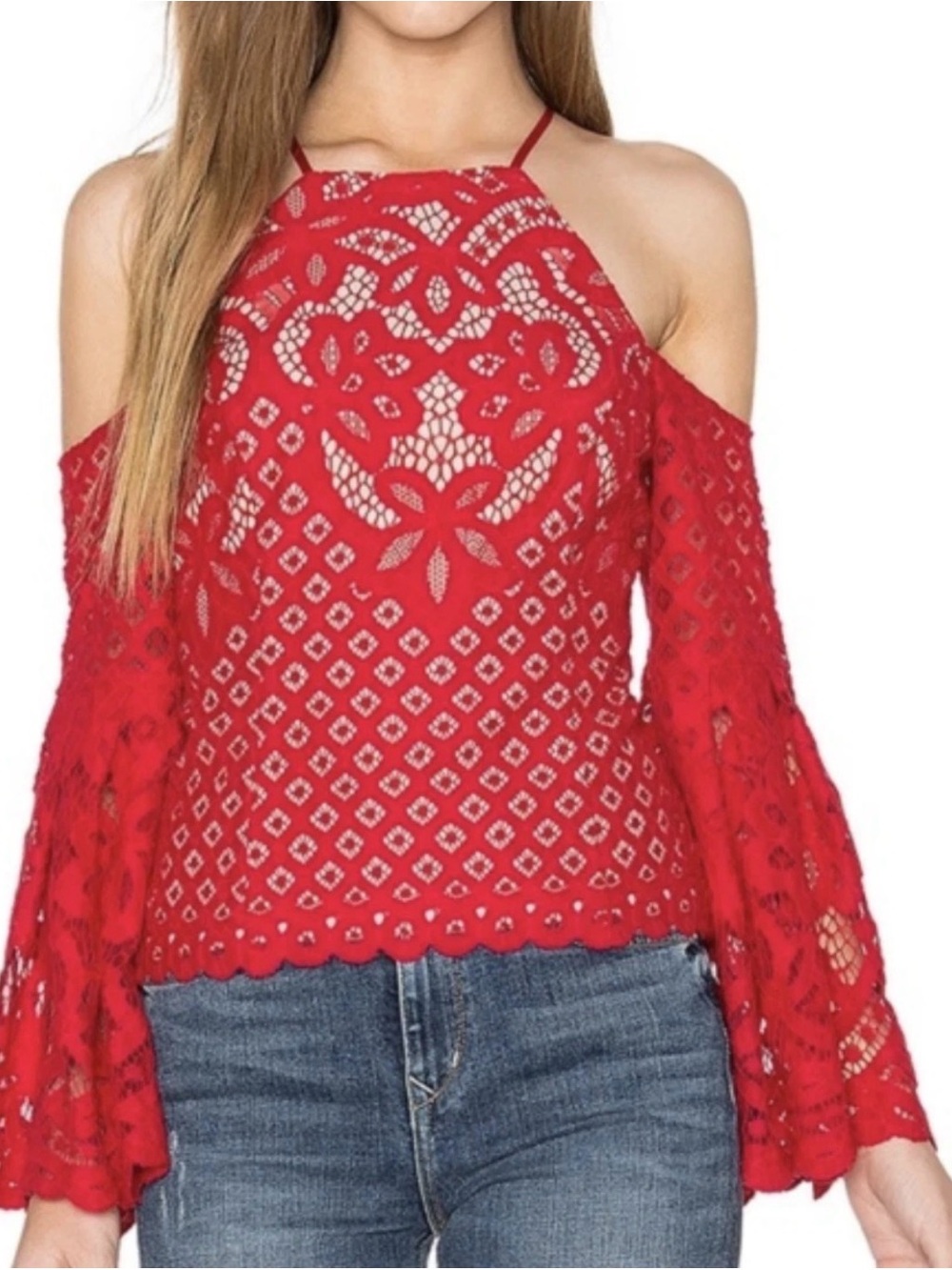 Bardot Red Lace Cold-Shoulder Crochet Top